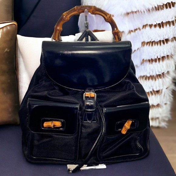 Gucci Handbags - GUCCI Vintage Bamboo Patent Leather/Canvas Backpack Black with Dust Bag